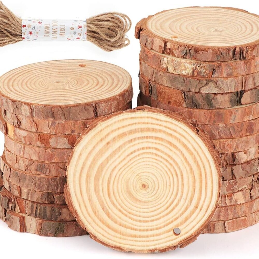 Natural Wood Slices 30Pcs 3.1''-3.5'' Unfinished Wood Crafts with Pre-drilled Ho